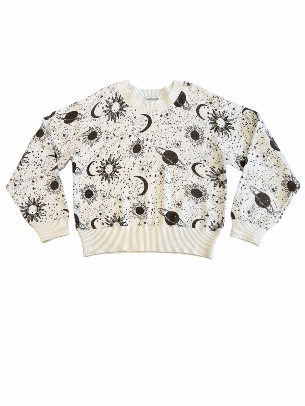 Charmed Hearts Celestial Sun Moon Stars Planet Sweater XL Cream Black